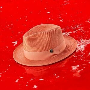 MONTIQUE MENS SALMON WIDE BRIM PINCH FEDORA HAT W/ MATCHING GROSGRAIN RIBBON H42